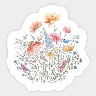 wild flower bouquet and blue bird-line and watercolor Sticker